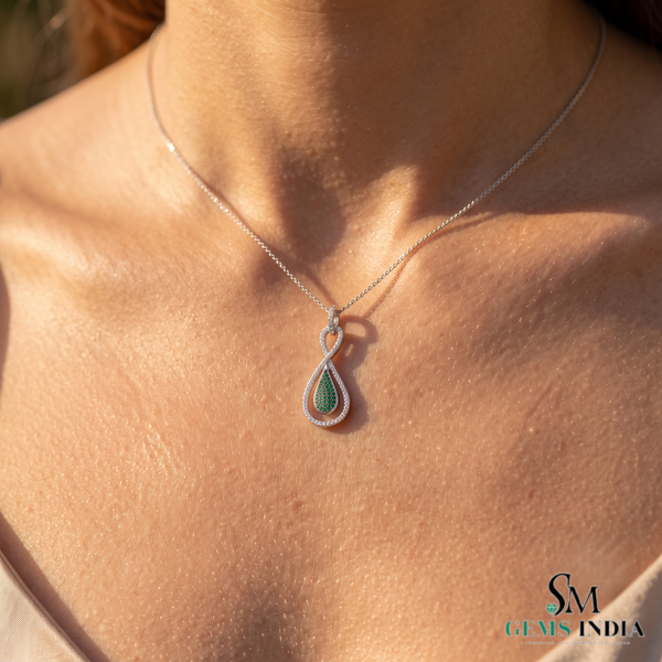 Round Natural Emerald Infinity Teardrop Pendant - Green Gemstone Jewelry