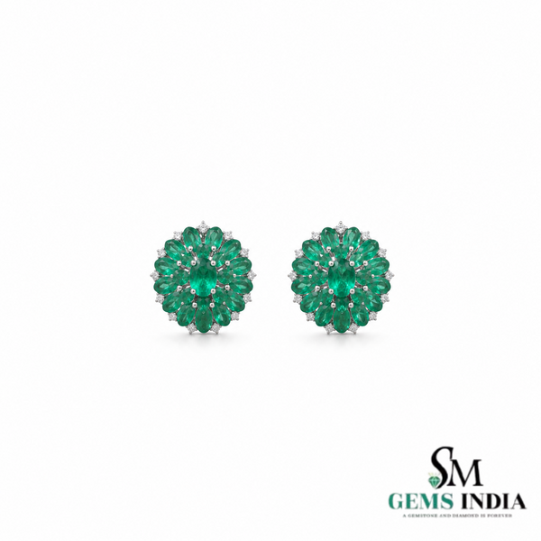 Oval Cut Emerald Green Bloom Stud Earrings with Diamond Accents