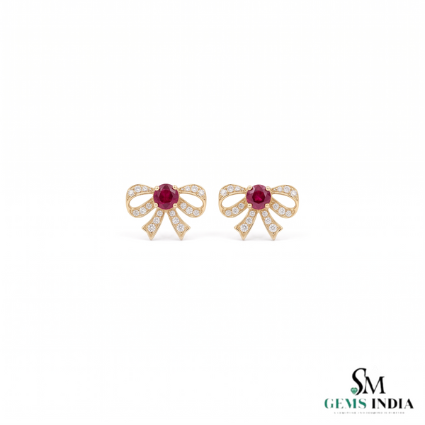 Round Ruby Bow Stud Earrings with Diamond Accents - Fine Jewelry for Women