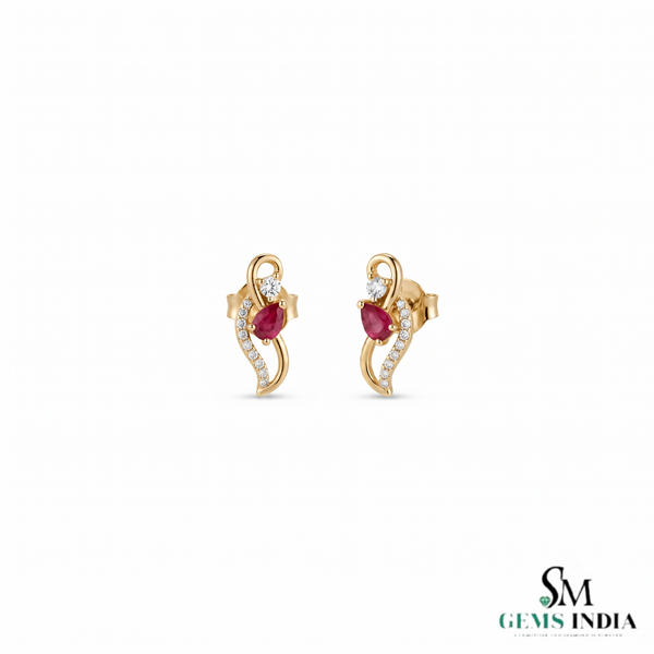 Luxury Pear Cut Ruby Diamond Swirl Stud Earrings - Gift For Her