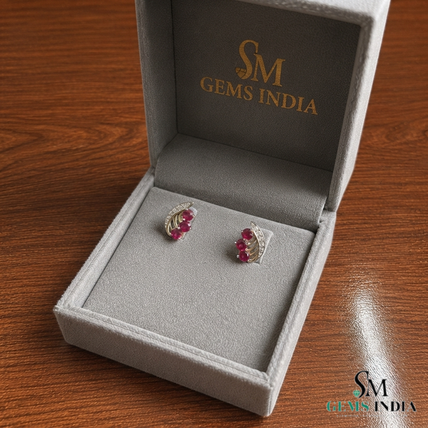 Natural Ruby Leaf Stud Earrings Diamond Accent Fine Jewelry - Anniversary Gift For Her