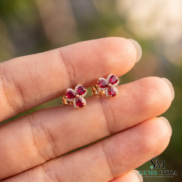 Pear Cut Ruby with Diamond Accent Butterfly Stud Earrings - July Birthstone Jewelry