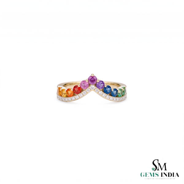 Round Multi Sapphire Rainbow Gemstone Chevron Ring – Minimalist Stackable Ring