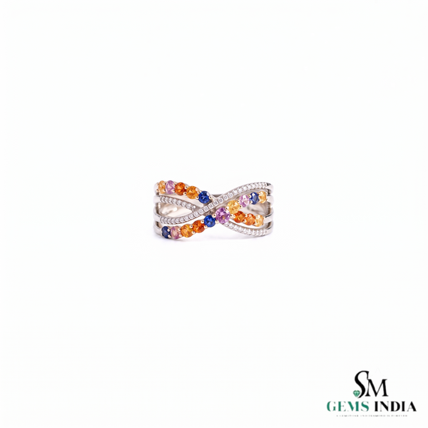 Natural Rainbow Multi Sapphire Criss Cross Infinity Ring - 14K Gold Diamond Statement Ring