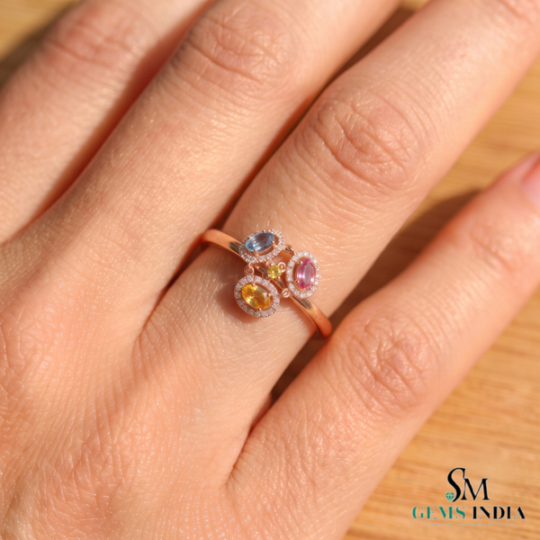 Luxury Oval Rainbow Multi Sapphire Ring With Diamond Accents - Statement Ring For Her