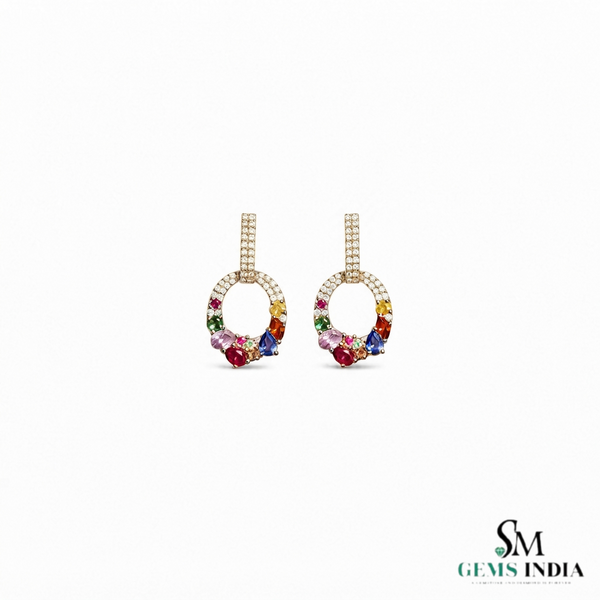 Rainbow Multi Gemstone Oval, Pear And Round Drop Stud Earrings with Diamond