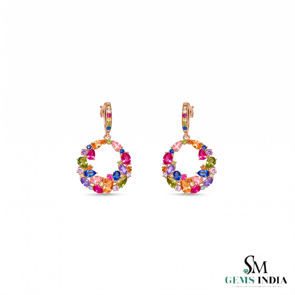 Pear andRound Rainbow Multi Gemstone Open Circle Drop Earrings for Women - Gift For Her