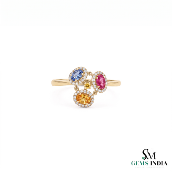 Luxury Oval Rainbow Multi Sapphire Ring With Diamond Accents - Statement Ring For Her