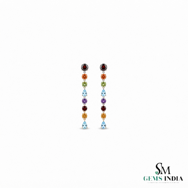 Rainbow Multi Gemstone Linear Drop Dangle Earrings for Women - Fine Jewelry Gift for Her
