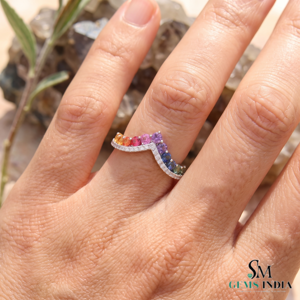 Round Multi Sapphire Rainbow Gemstone Chevron Ring – Minimalist Stackable Ring