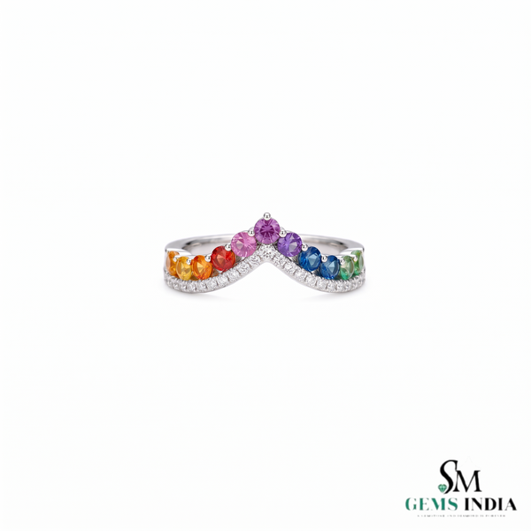 Round Multi Sapphire Rainbow Gemstone Chevron Ring – Minimalist Stackable Ring