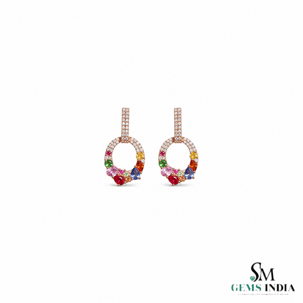 Rainbow Multi Gemstone Oval, Pear And Round Drop Stud Earrings with Diamond