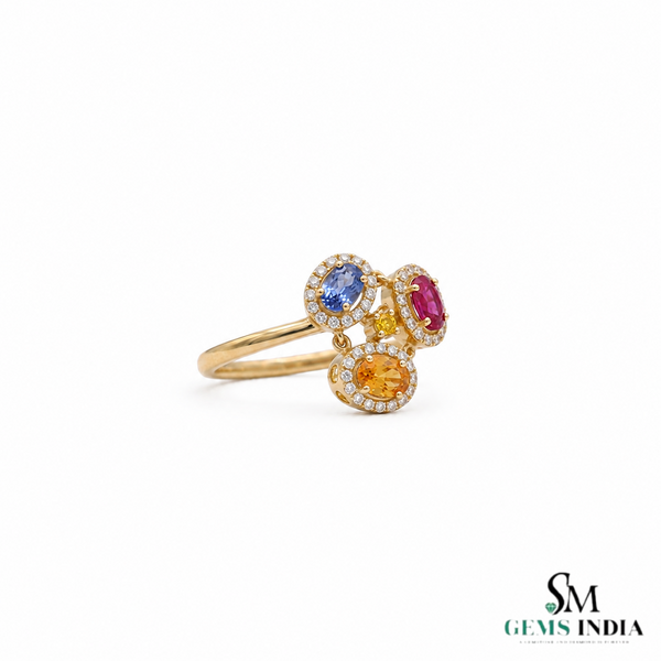 Luxury Oval Rainbow Multi Sapphire Ring With Diamond Accents - Statement Ring For Her