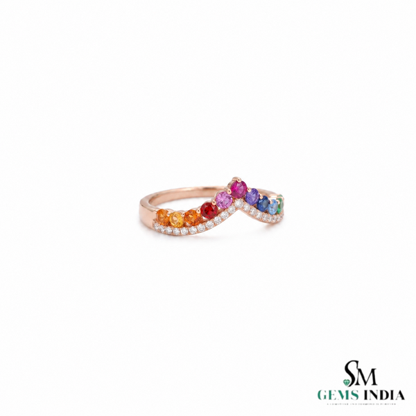 Round Multi Sapphire Rainbow Gemstone Chevron Ring – Minimalist Stackable Ring