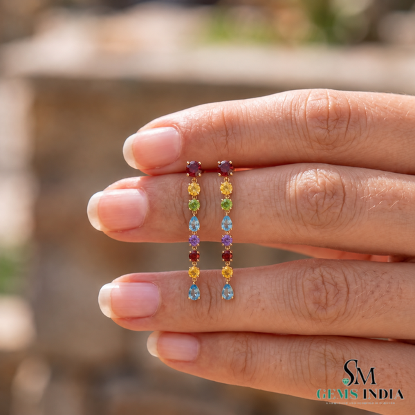 Rainbow Multi Gemstone Linear Drop Dangle Earrings for Women - Fine Jewelry Gift for Her