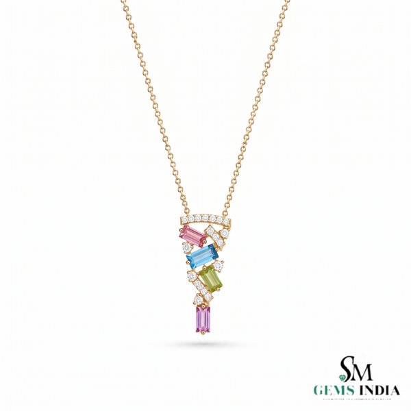 Elegant Multi Sapphire Bagguette Pendant Necklace With Diamod Accent - Gift For Her