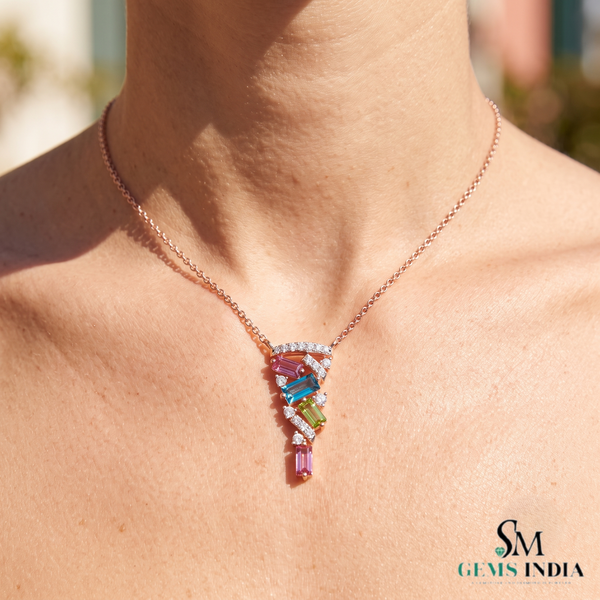 Elegant Multi Sapphire Bagguette Pendant Necklace With Diamod Accent - Gift For Her