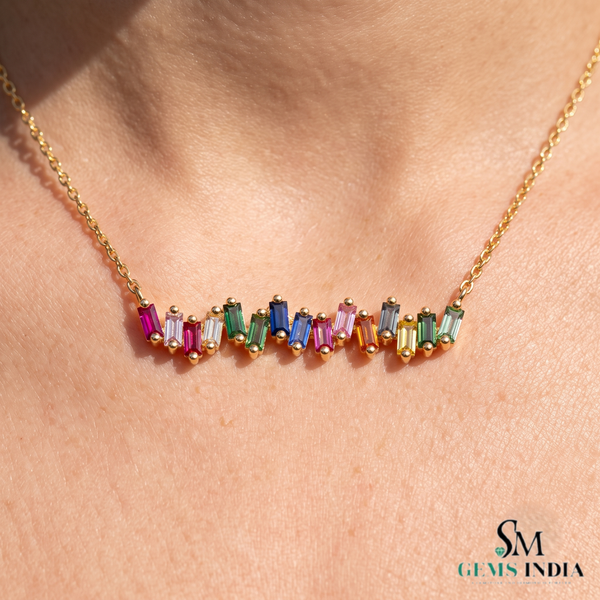 Rainbow Baguette Bar Necklace in 14K Gold - Minimalist Everyday Jewelry