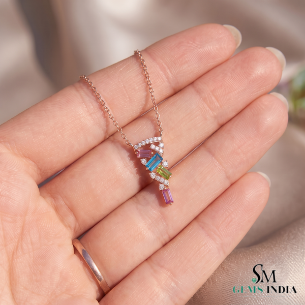 Elegant Multi Sapphire Bagguette Pendant Necklace With Diamod Accent - Gift For Her