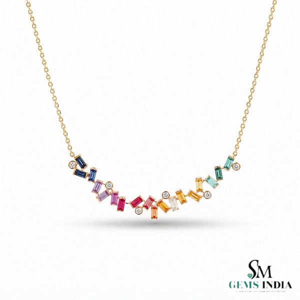 Multi Sapphire Baguette Cut Curved Bar Necklace - Anniversary Gift For Her