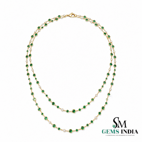 Natural Emerald & Diamond Bezel Station Double Layer Necklace - Fine Jewelry for Women