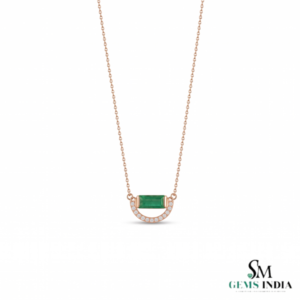 Baguettes Green Emerald Pendant with Diamond Horseshoe Design - Green Gemstone Jewelry