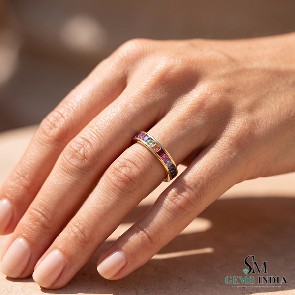 Multicolor Multi Sapphire Eternity Band Ring for Women - Colorful Statement Jewelry