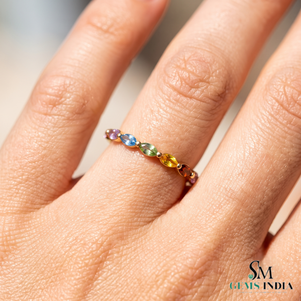 Multi Gemstone Marquise Band Ring - Minimalist Stackable Birthstone Ring