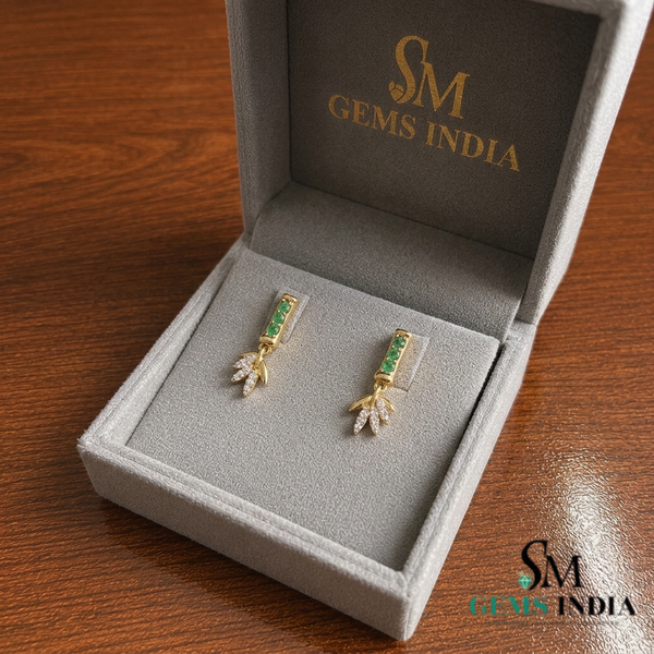 Round Emerald & Diamond Leaf Drop Earrings - Gift for Her