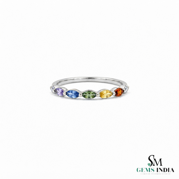 Multi Gemstone Marquise Band Ring - Minimalist Stackable Birthstone Ring