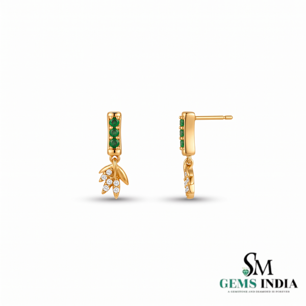 Round Emerald & Diamond Leaf Drop Earrings - Gift for Her
