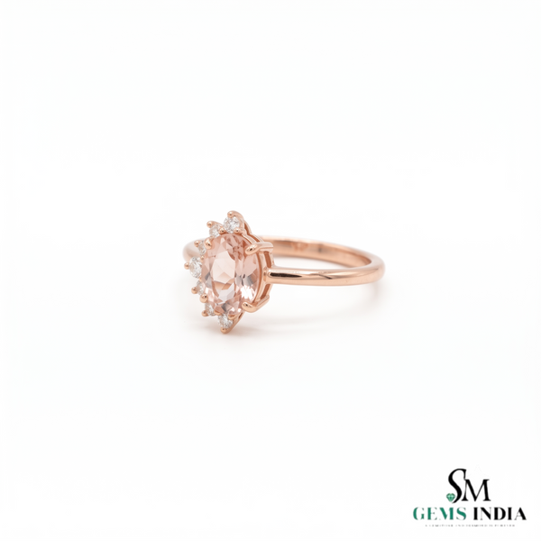 Natural Morganite Oval Cut Gold Ring with Diamond Accent Halo – Elegant Women’s Engagement Ring