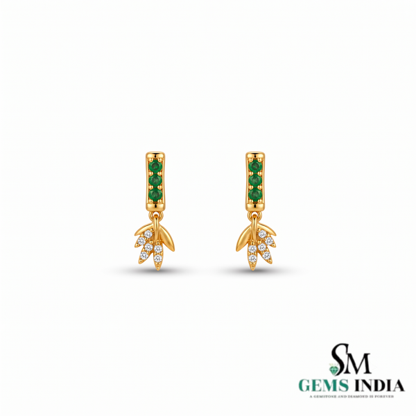 Round Emerald & Diamond Leaf Drop Earrings - Gift for Her