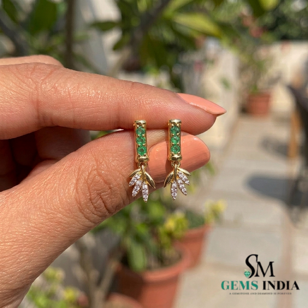 Round Emerald & Diamond Leaf Drop Earrings - Gift for Her