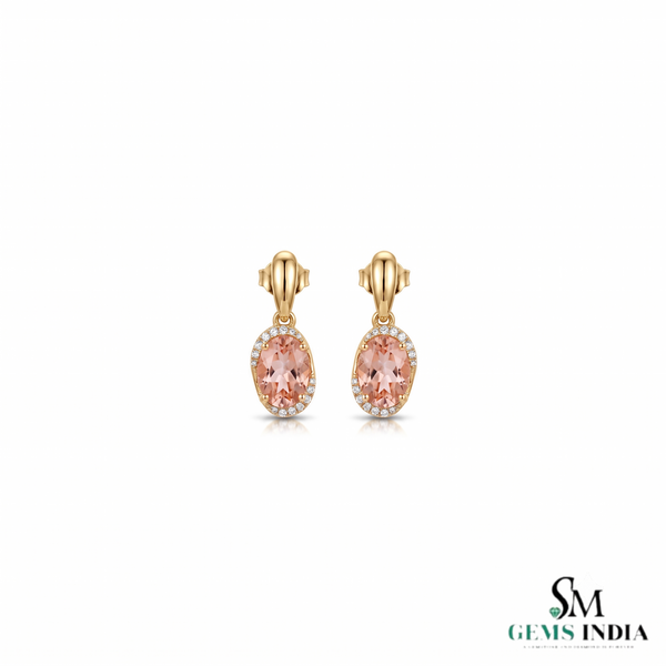 Oval Pink Morganite Stud Drop Earrings with Diamond Halo - Gift For Her