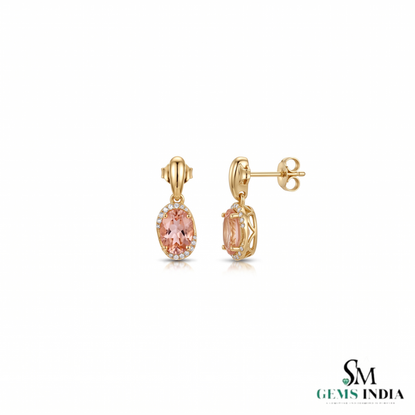 Oval Pink Morganite Stud Drop Earrings with Diamond Halo - Gift For Her