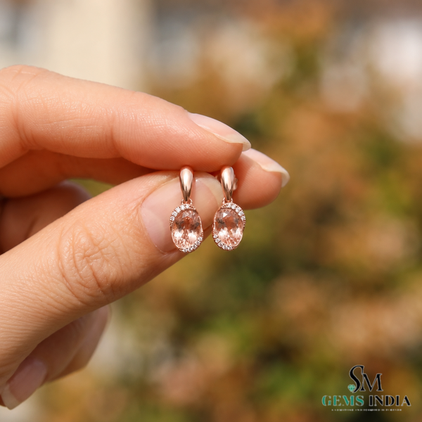 Oval Pink Morganite Stud Drop Earrings with Diamond Halo - Gift For Her