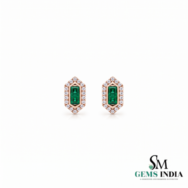 Double Princess Cut Emerald Diamond Halo Stud Earrings - May Birthstone Jewelry