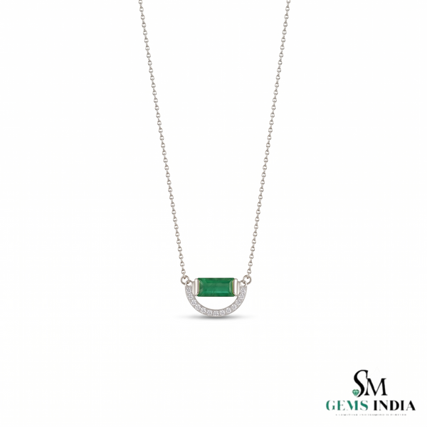 Baguettes Green Emerald Pendant with Diamond Horseshoe Design - Green Gemstone Jewelry