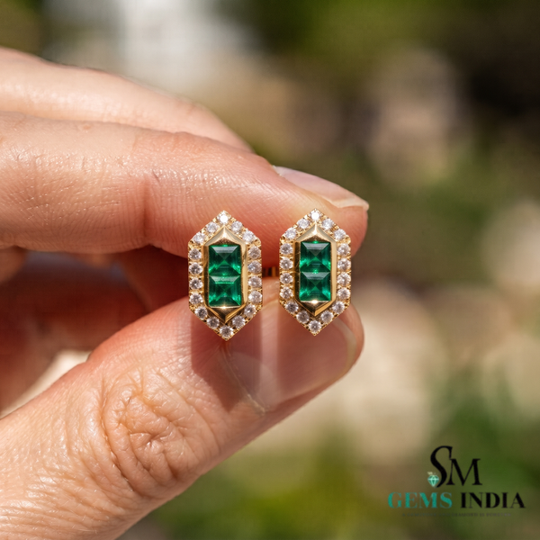 Double Princess Cut Emerald Diamond Halo Stud Earrings - May Birthstone Jewelry