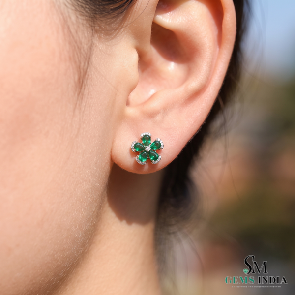 Pear Cut Emerald Flower Drop Earrings with Diamond Accents - Gift For Her