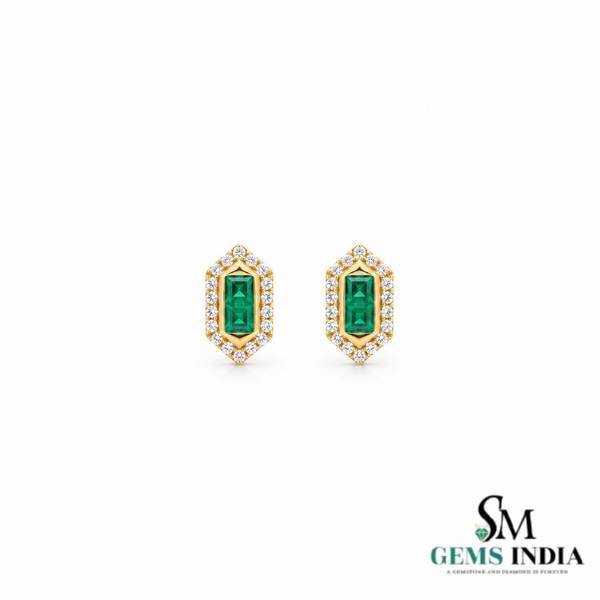 Double Princess Cut Emerald Diamond Halo Stud Earrings - May Birthstone Jewelry