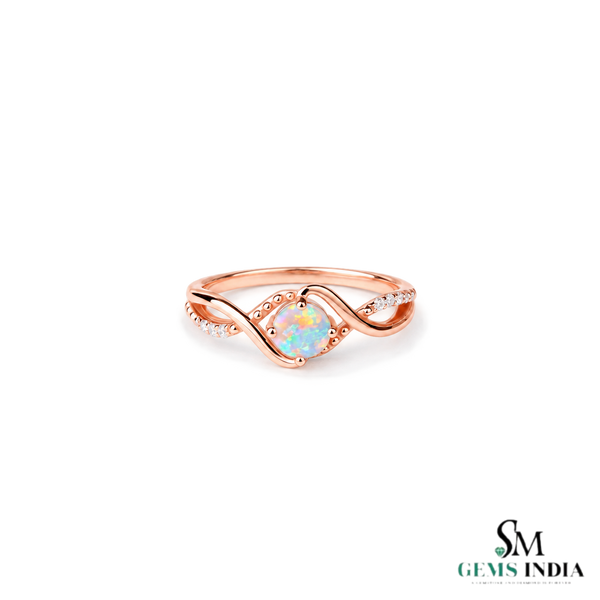 Round Opal & Diamond Wave Ring – Elegant Gemstone Jewelry for Women