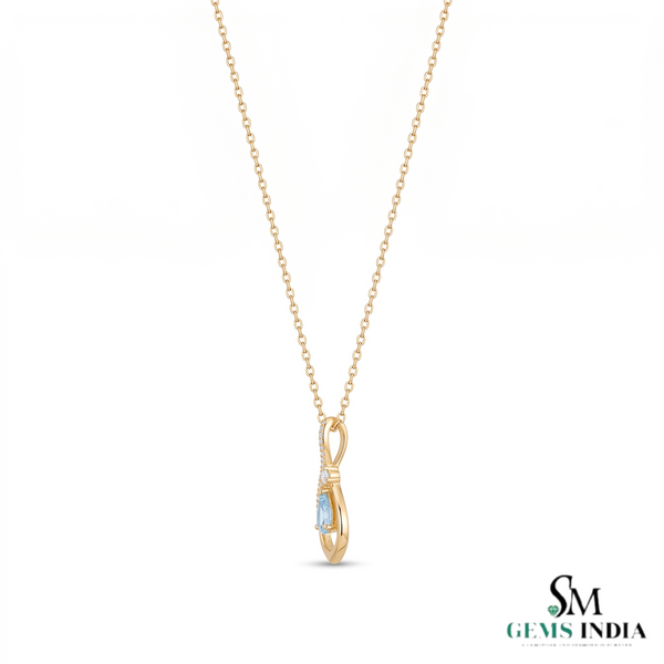 Natural Aquamarine Pear Cut with Diamond - Unique Curved Pendant