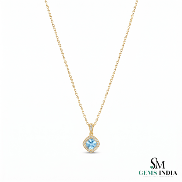 Natural Aquamarine Cushion Cut Pendant With Diamond Accent - Elegant Jewelry Gift For Her