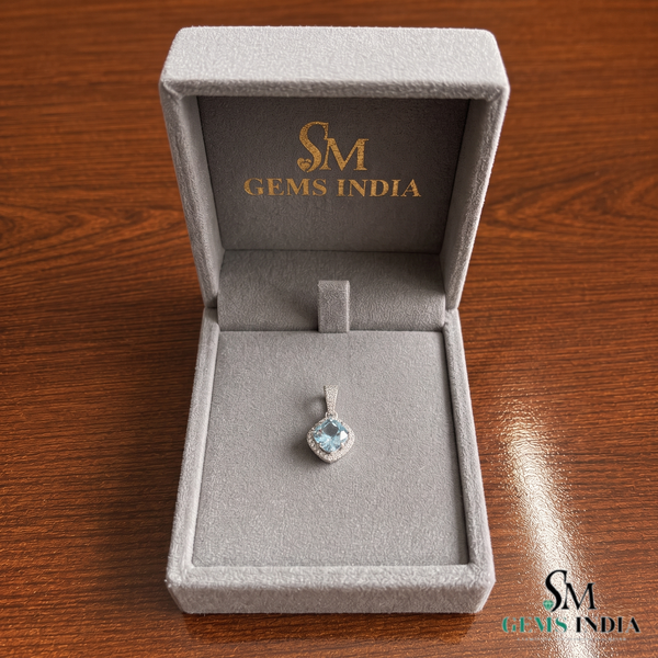 Natural Aquamarine Cushion Cut Pendant With Diamond Accent - Elegant Jewelry Gift For Her