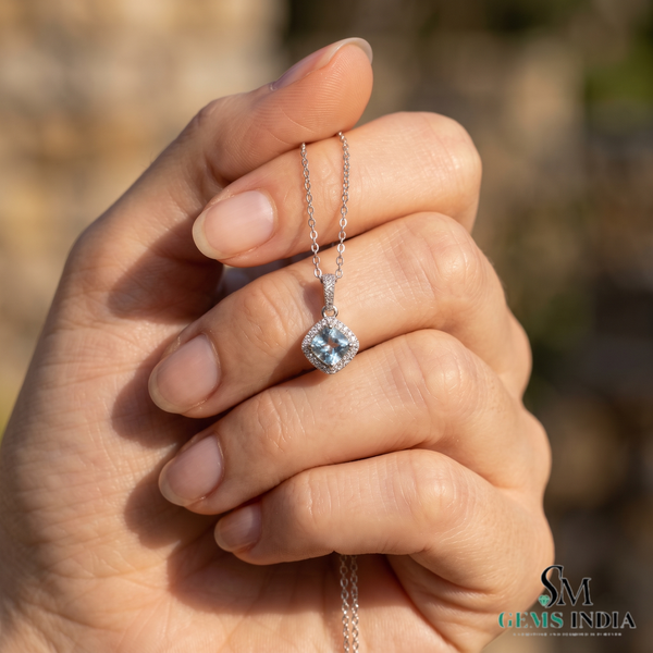 Natural Aquamarine Cushion Cut Pendant With Diamond Accent - Elegant Jewelry Gift For Her