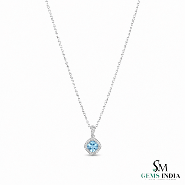 Natural Aquamarine Cushion Cut Pendant With Diamond Accent - Elegant Jewelry Gift For Her
