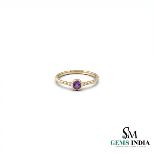 Dainty Amethyst Solitaire Ring with Beaded Band – February Birthstone Jewelry
