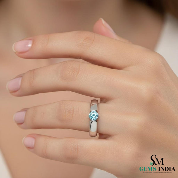Round Aquamarine Solitaire Ring - Gold Band Ring
